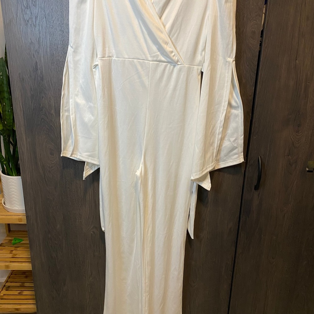 White Wrap Front Long Split Bell Sleeve Wide Leg Jumpsuit Bridal Formal Women XL